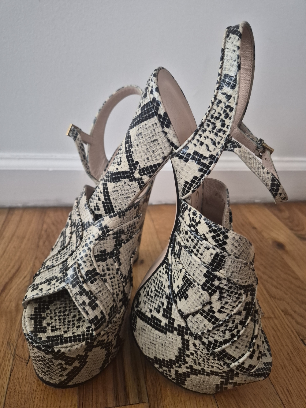 Gucci Women’s Snake-Print Platform Slingback Heels - Black & Cream